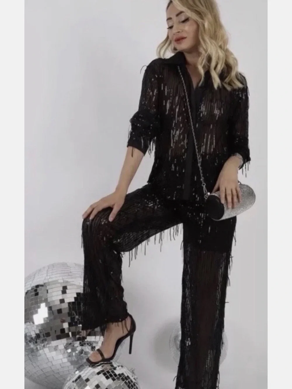 Black Sequin Fringe Pants and Top- Zara